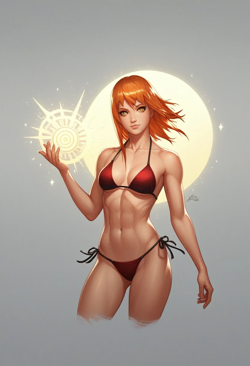Full-body portrait of sakura from naruto shippuden, The style is a bright, sparkling realistic sketch with a mix of fine and soft lines. The theme is bright and beautiful, with a vintage photography feel combined with elements of dark arts. The image is a detailed matte painting, featuring bright light and soft colors, fantastical and intricately detailed. It should look like a splash screen with complementary colors, fitting the fantasy concept art genre. The resolution is 8k, trending on Artstation, and made with Unreal Engine 5. The overall effect is epic, cinematic, brilliant, stunning, intricately detailed, dramatic, atmospheric, and maximalist in a digital matte painting style.Bikini