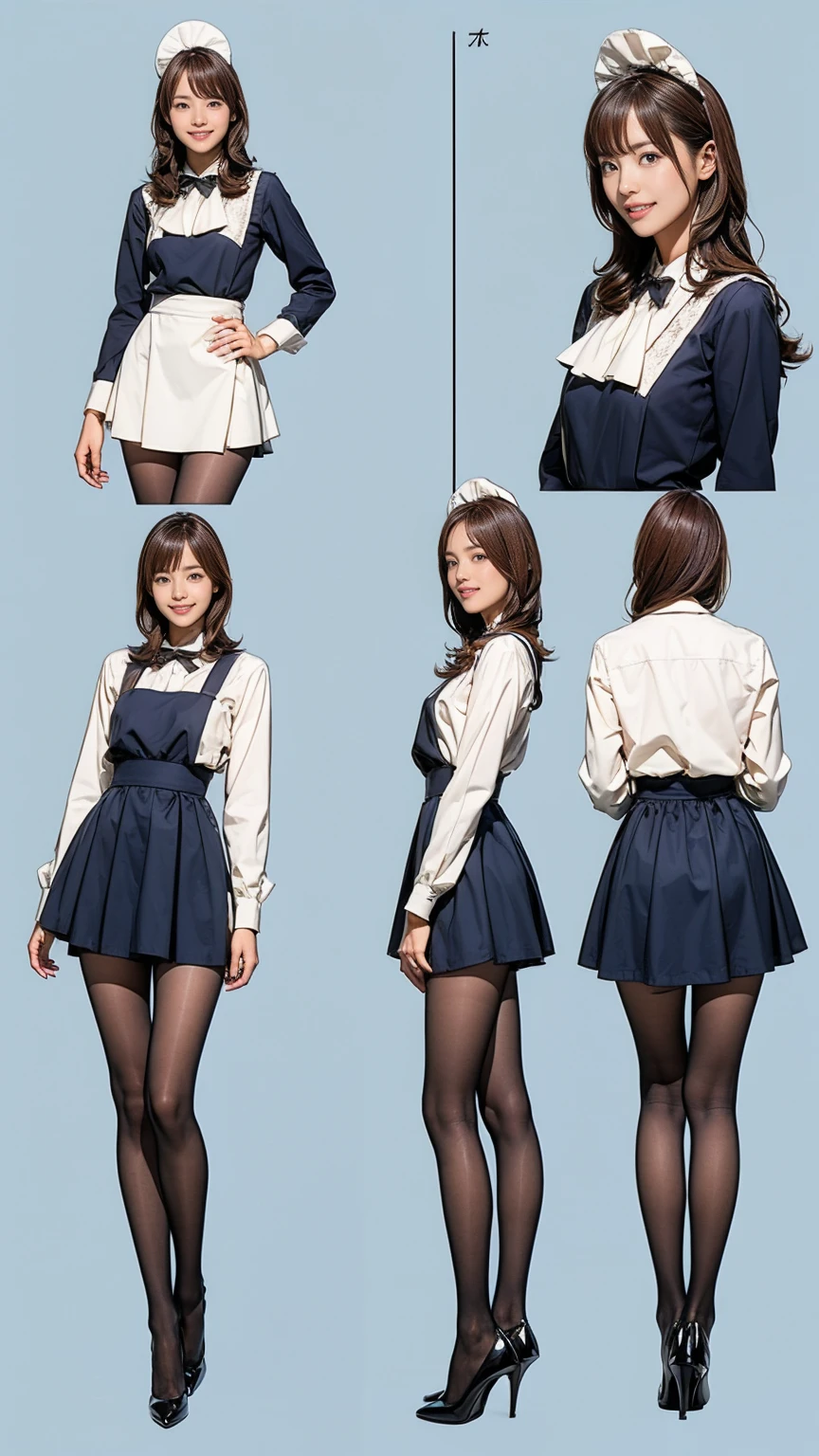 ((masterpiece)),(((Highest quality))),((Character design sheet)),Thin thighs,Long legs,Bunny girl in a light blue maid outfit:1.5，Wearing light blue tights:1.5，The best smile:1.5，Full Body Shot:1.5，Gray background:1.5，Wearing black high heels:1.5，short side waves:1.5，