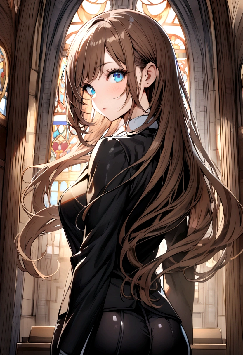(Highest quality)(1 woman,single,long hair,brown hair,blue eyes,fit ,Black suit shirt,Turn to look at the viewer,church background) look back
