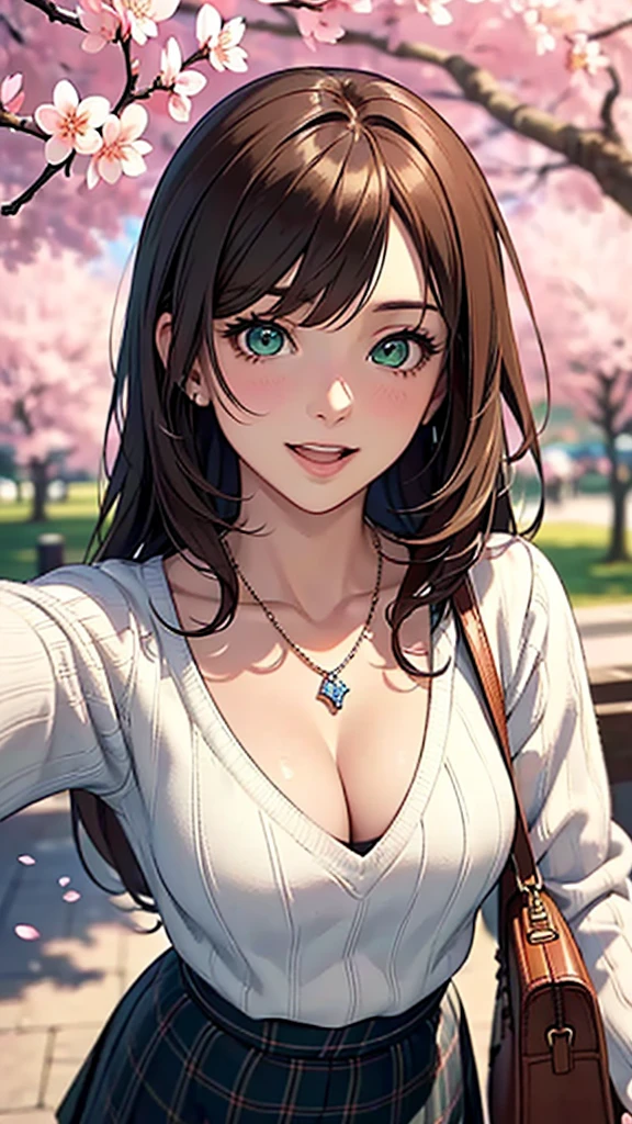 ((masutepiece, Best Quality, hight resolution, nffsw, Perfect Pixel, depth of fields, 4K, nffsw, nffsw))), 1girl in, Single, Solo, Beautiful anime girl, Beautiful Art Style, Anime Character, ((Long hair, Bangs, Brown hair)), ((Green eyes:1.4, rounded eyes, Beautiful eyelashes, Realistic eyes)), ((Detailed face, Blushing:1.2)), ((Smooth texture:0.75, Realistic texture:0.65, Photorealistic:1.1, Anime CG style)), ((medium breasts, cleavage, busty)), Dynamic Angle, Perfect body, ((POV, Selfie Pose, Portrait)), ((White sweater, Long sleeve, Black skirt, plaid skirts, Fashionable, 1 handbag, 1 diamond necklace)), Smile, Open mouth, amusement park, ((The cherry tree, Cherry blossoms fall))