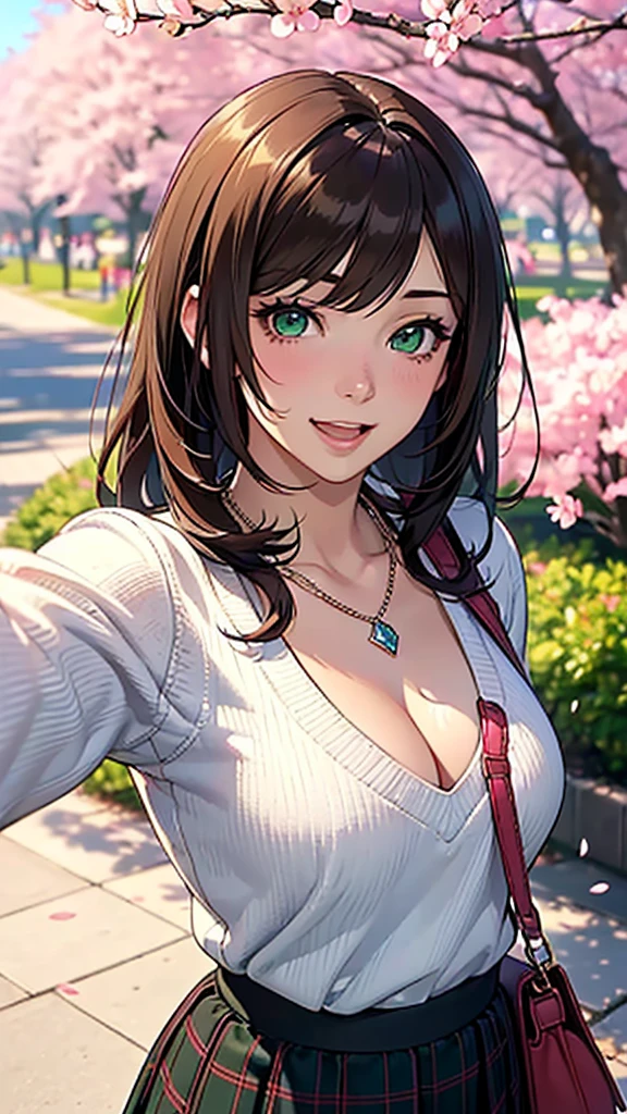 ((masutepiece, Best Quality, hight resolution, nffsw, Perfect Pixel, depth of fields, 4K, nffsw, nffsw))), 1girl in, Single, Solo, Beautiful anime girl, Beautiful Art Style, Anime Character, ((Long hair, Bangs, Brown hair)), ((Green eyes:1.4, rounded eyes, Beautiful eyelashes, Realistic eyes)), ((Detailed face, Blushing:1.2)), ((Smooth texture:0.75, Realistic texture:0.65, Photorealistic:1.1, Anime CG style)), ((medium breasts, cleavage, busty)), Dynamic Angle, Perfect body, ((POV, Selfie Pose, Portrait)), ((White sweater, Long sleeve, Black skirt, plaid skirts, Fashionable, 1 handbag, 1 diamond necklace)), Smile, Open mouth, amusement park, ((The cherry tree, Cherry blossoms fall))