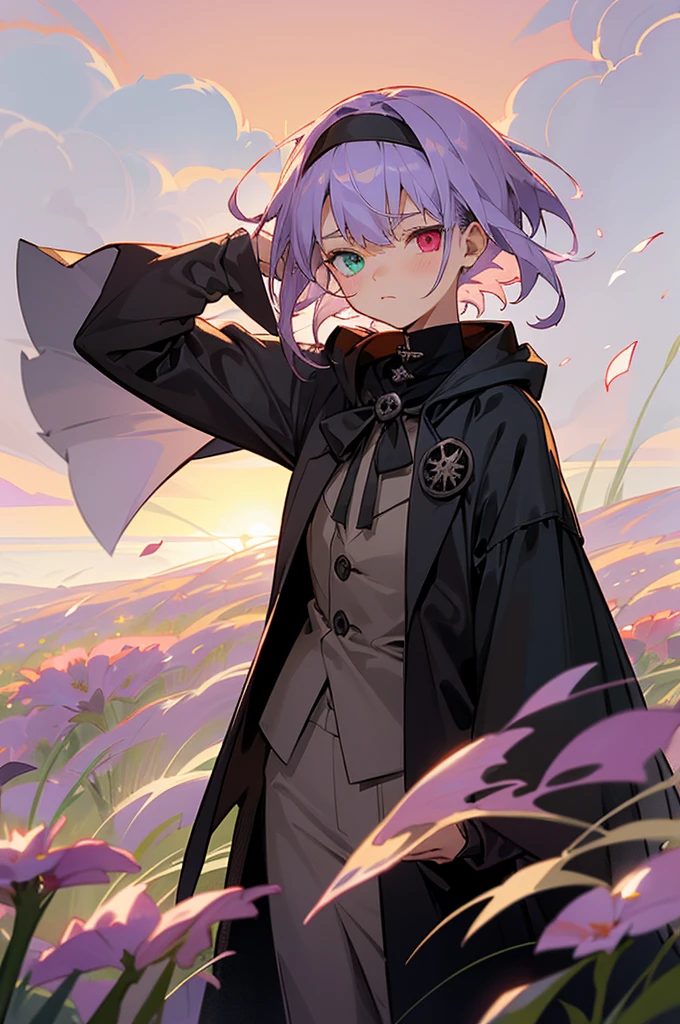 (high-quality, breathtaking),(expressive eyes, perfect face) 1girl, female, solo, ager, light lavender purple hair, Heterochromia left red and right bluey eye color, short hair length, spiky hair, soft expression, shy, flower headband, flowers in hair, standing in a field of flowers, meadow field background, red flowers, sunset background, flower petals, light breeze, black turtle neck shirt, hooded long sleeved black cloak, hair short at the back and longer at the front, tattered clothing, gothic inspired, Skull Broch, grim reaper inspiration, pocket watch, magic fantasy attire, adventurer attire, headshot, zoomed out, portrait, Tomohiro Kai Art Style, Tomo Aizawa