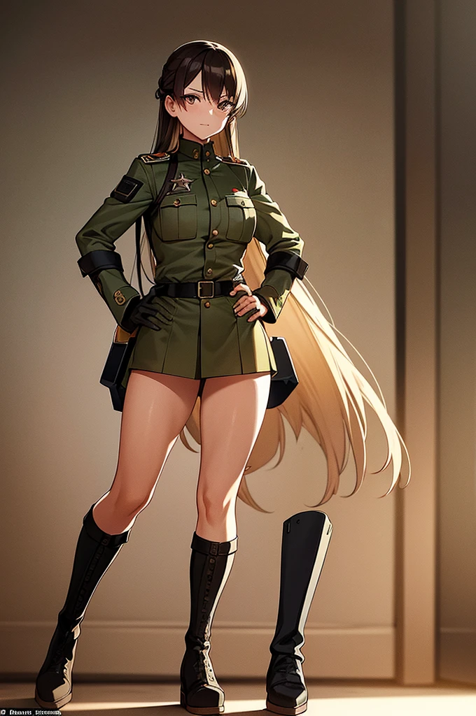 Content:
An anime woman in a military uniform. She has dark brown eyes, tanned skin, blonde hair that ends halfway down her back, and military boots. Her military uniform has themes of brown to reflect the desert background, and she carries binoculars. Her appearance is loosely inspired by Erwin Rommel. She wears a confident smile, looking very mature, with her hands on her hips.

Medium:
Digital art, anime illustration.

Style:
Pixiv contest winner, fine art, with elements inspired by historical military aesthetics and anime character design.

Lighting:
Dramatic, with strong contrasts to highlight her authoritative presence and the details of her uniform. Subtle shadows to add depth and realism.

Colours:
A palette dominated by military greens, browns, and blacks to reflect the desert environment.

Composition:
A full body shot. She salutes to the camera, showcasing her confidence and authority.