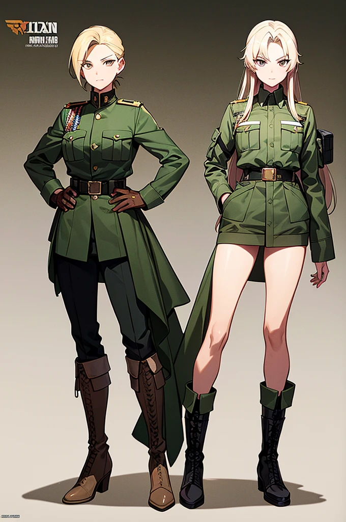 Content:
An anime woman in a military uniform. She has dark brown eyes, tanned skin, blonde hair that ends halfway down her back, and military boots. Her military uniform has themes of brown to reflect the desert background, and she carries binoculars. Her appearance is loosely inspired by Erwin Rommel. She wears a confident smile, looking very mature, with her hands on her hips.
Medium:
Digital art, anime illustration.
Style:
Pixiv contest winner, fine art, with elements inspired by historical military aesthetics and anime character design.
Lighting:
Dramatic, with strong contrasts to highlight her authoritative presence and the details of her uniform. Subtle shadows to add depth and realism.
Colours:
A palette dominated by military greens, browns, and blacks to reflect the desert environment.
Composition:
A full body shot. She salutes to the camera, showcasing her confidence and authority.