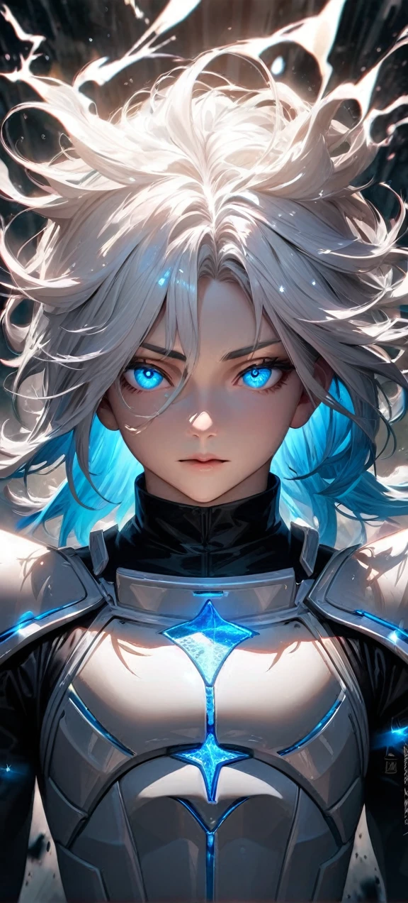 High quality, ultra realistic,absurdres, highres, ultra detailed, HDR, masterpiece, extremely detailed face and eyes, Sagitarius Seiya, Saint Saiya , White Shinning Angel white Armor, solo, white hair,man, handsome, ,white eyeleshes, blue eyes , angel expresion, white splashing effect, white lightning effect,glowing glitters , symetrical , black aura