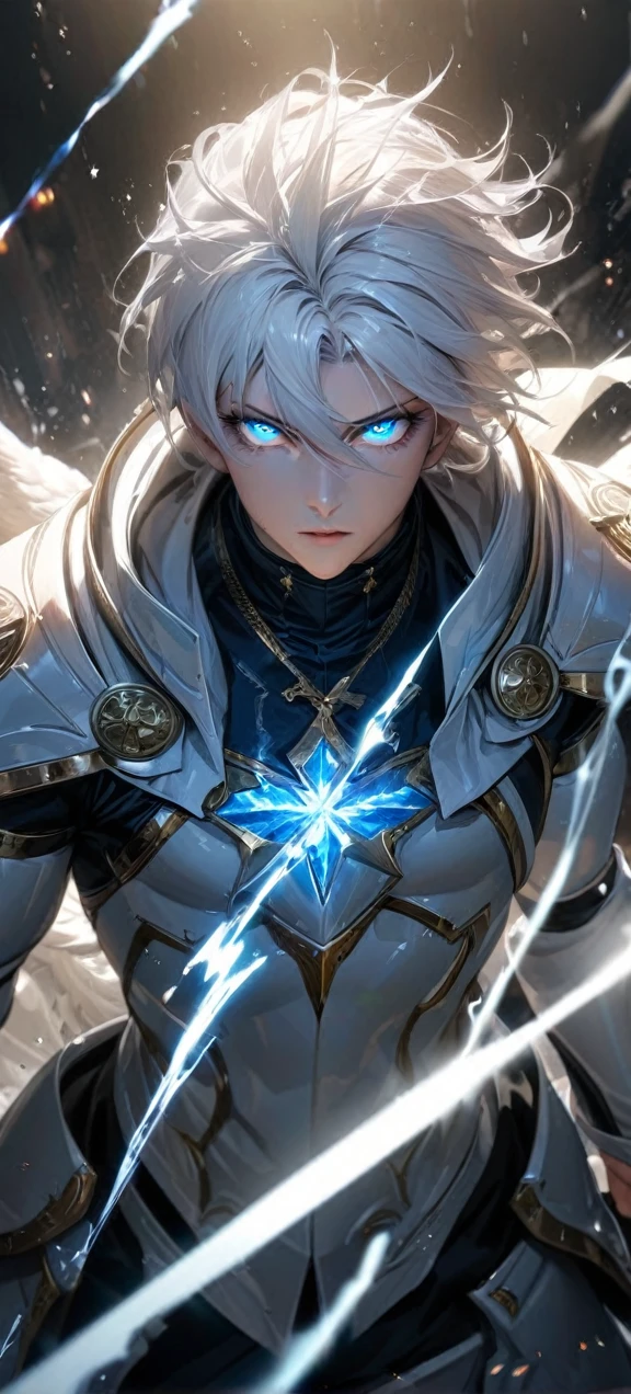  High quality, ultra realistic,absurdres, highres, ultra detailed, HDR, masterpiece, extremely detailed face and eyes,  Sagitarius Seiya, Saint Saiya , White Shinning Angel white Armor, solo, white hair,man, handsome, ,white eyeleshes, blue eyes , angel expresion, white splashing effect, white  lightning  effect,glowing glitters , symetrical , black aura