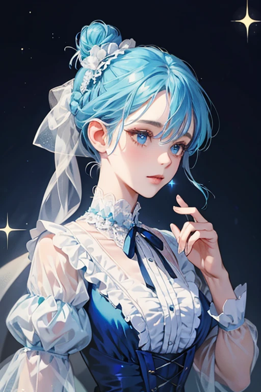 SHE IS blue, translucent ghost.
Emma is female ghost dressed in Victorian fashion. She has her hair tied up in a bun. SPARKLE; GLITTER