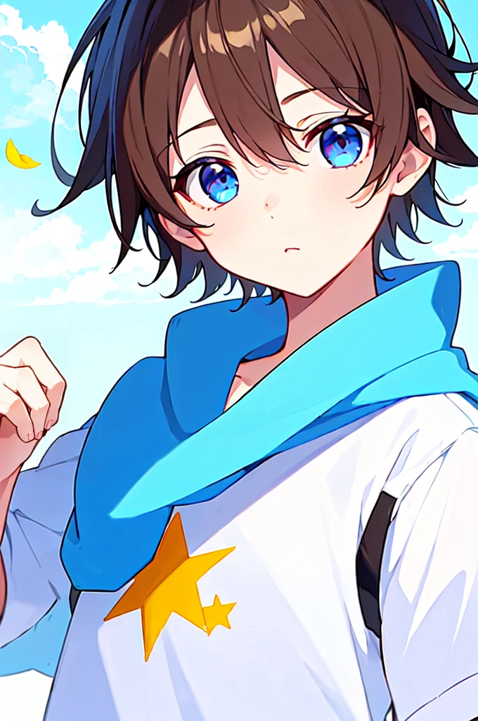 [(WHITE BACKGROUND:1.5),::5], (((masterpiece))), high quality, very_high_resolution, large_filesize, full color, Solo, (1  boy), 13 oldrt brown hair), vivid color, Blue eye, summer clothes, upper body, anime style