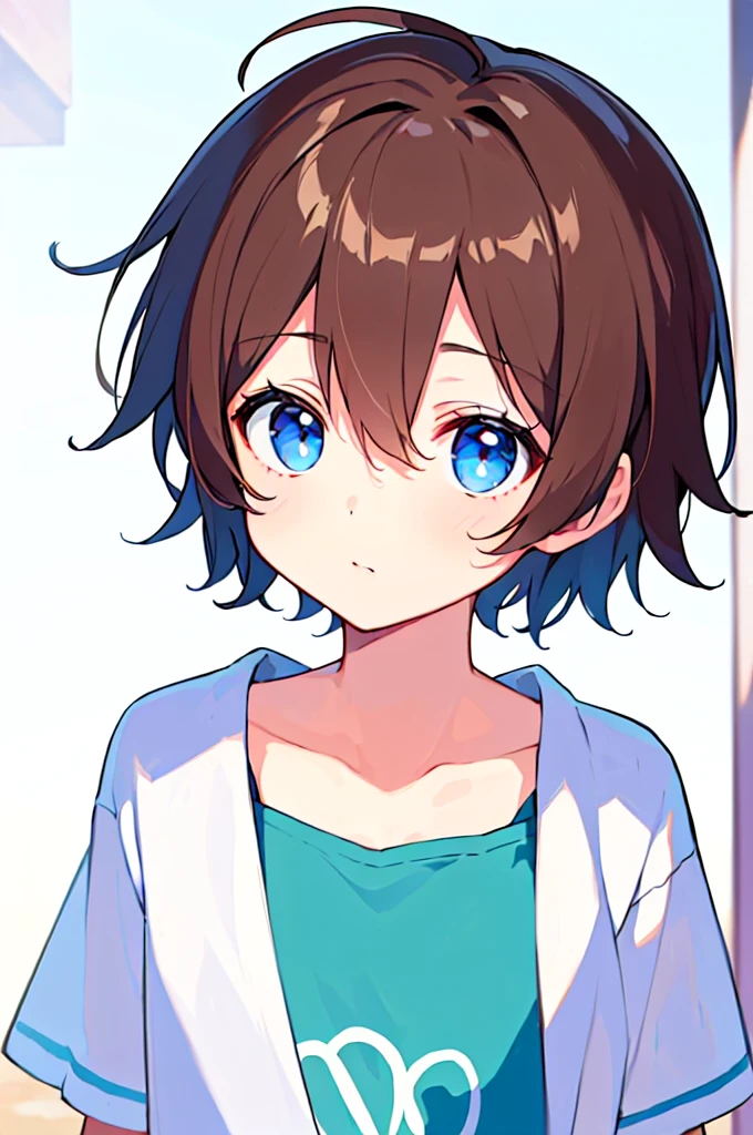 [(WHITE BACKGROUND:1.5),::5], (((masterpiece))), high quality, very_high_resolution, large_filesize, full color, Solo, (1 little boy), 13 old year, (short brown hair), vivid color, Blue eye, summer clothes, upper body, anime style