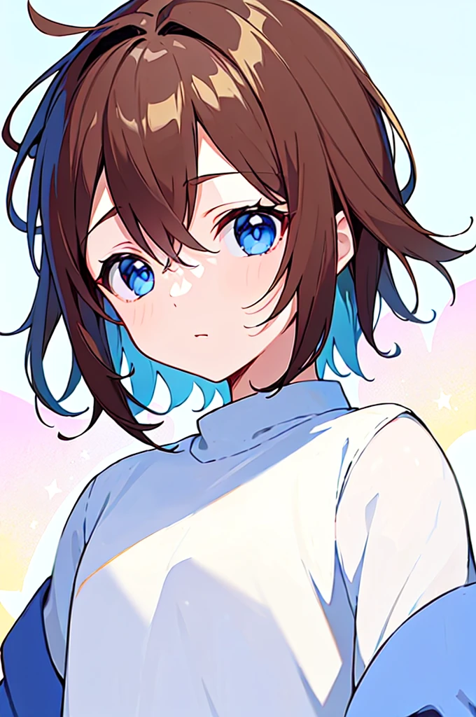 [(WHITE BACKGROUND:1.5),::5], (((masterpiece))), high quality, very_high_resolution, large_filesize, full color, Solo, (1 little boy), 13 old year, (short brown hair), vivid color, Blue eye, summer clothes, upper body, anime style