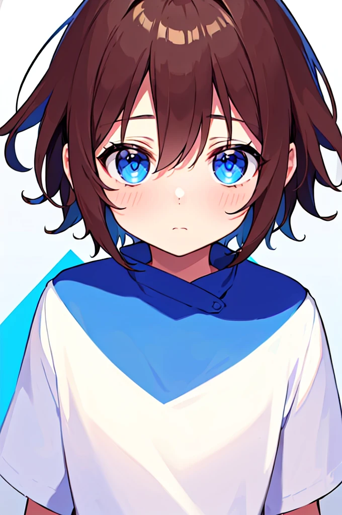 [(WHITE BACKGROUND:1.5),::5], (((masterpiece))), high quality, very_high_resolution, large_filesize, full color, Solo, (1 little boy), 13 old year, (short brown hair), vivid color, Blue eye, summer clothes, upper body, anime style