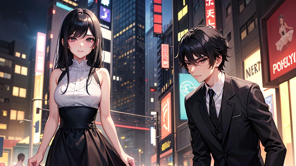 A boy and a girl, 1 woman (She has long black hair), Lovers,Eye contact,1 man (he has short black hair).wearing a formal dress, Anime style,Delicate facial features,Beautiful eyes,Expression smile,Delicate facial features,Pretty Face,daytime, Stand in the city at night, Neon,Backlight