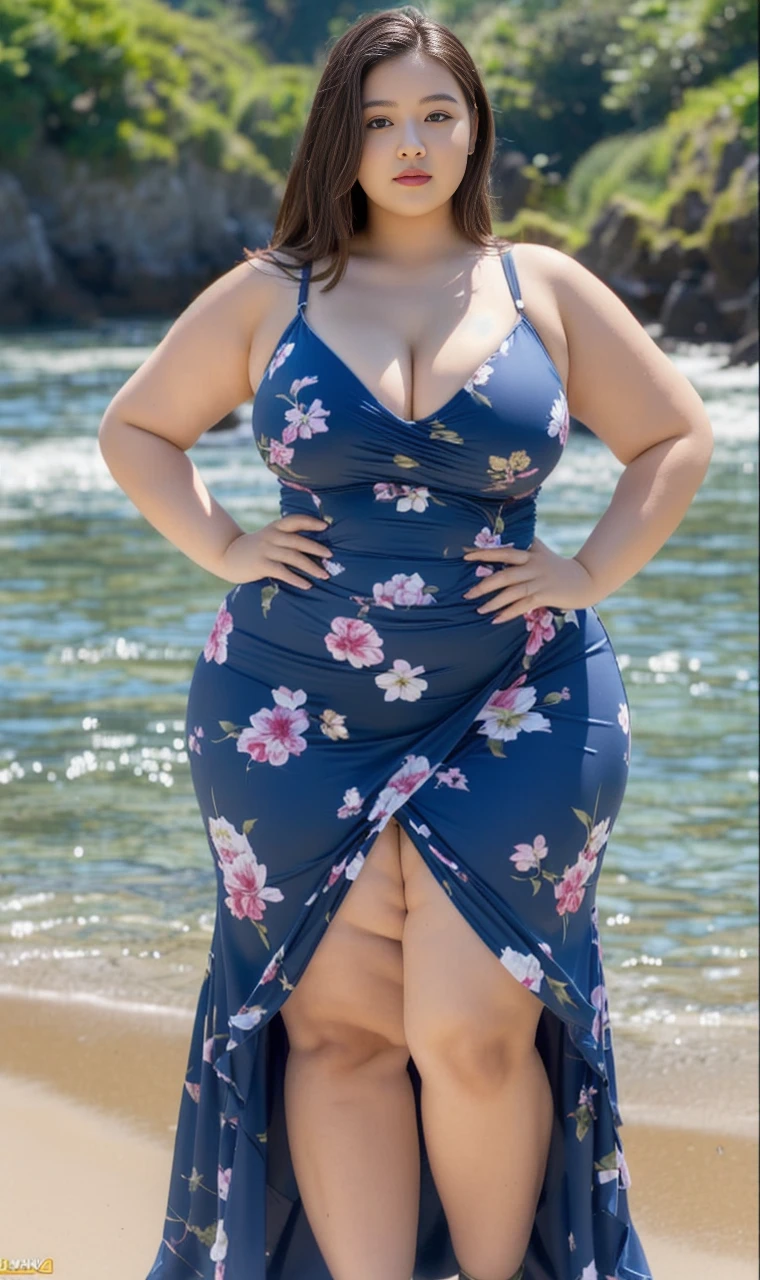 ((best quality)), ((masterpiece)), (detailed), perfect face, araffeTight skirtsShort , thicc, wavy short hair, she has a jiggly fat round belly, bbwchan, wearing tight simple clothes, skinny waist and thick hips, widest hips, her belly is fat and round, soft curvy shape, hyperrealistic full figure, wearing a cute top, wide hips, Blue swimsuit,On the beach by the seaBlue