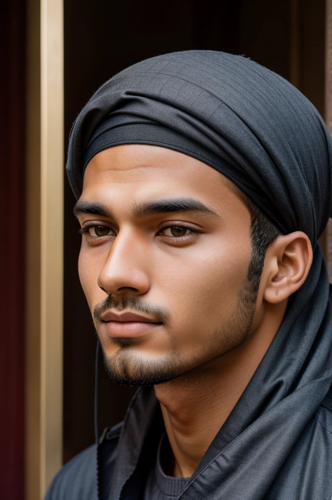 A photograph of mine , muslim cap, 20 yo, handsome, detailed face, wishing eid mubarak , portrait, 8k uhd, high quality