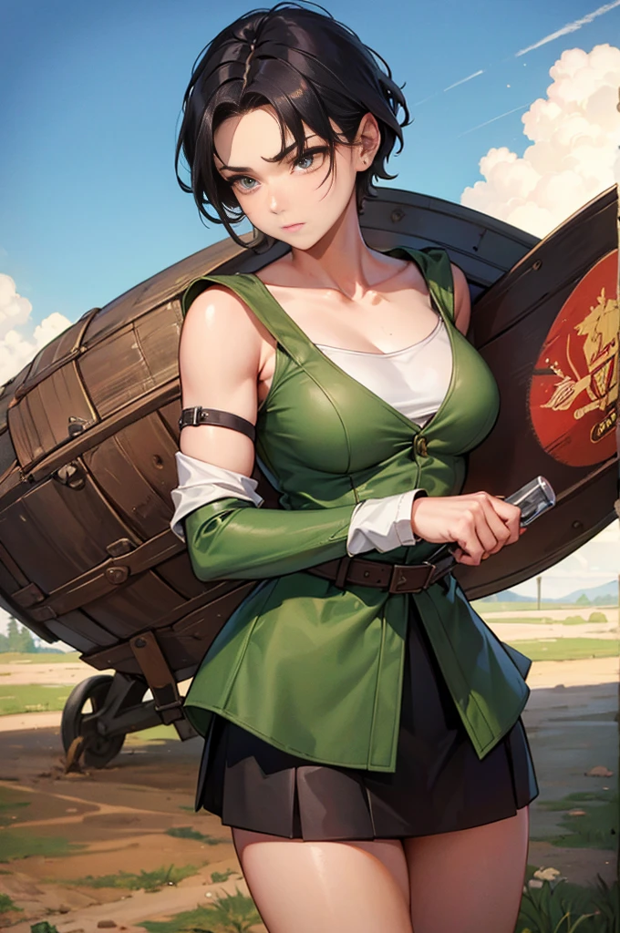 Arte Inspirada John Buscema, World War II poster, vemos uma enfermeira (1mulher)segurando uma pasta, uniforme hospitalar perfeito, short hair up to the shoulders, cor negro, olhos verdes claros, seios pequenos, corpo delgado, imponente em uma tenda hospitalar no Fronte, Cannon fire, A scene showing seriousness and conviction,peitos grandes,de baixo pra cima