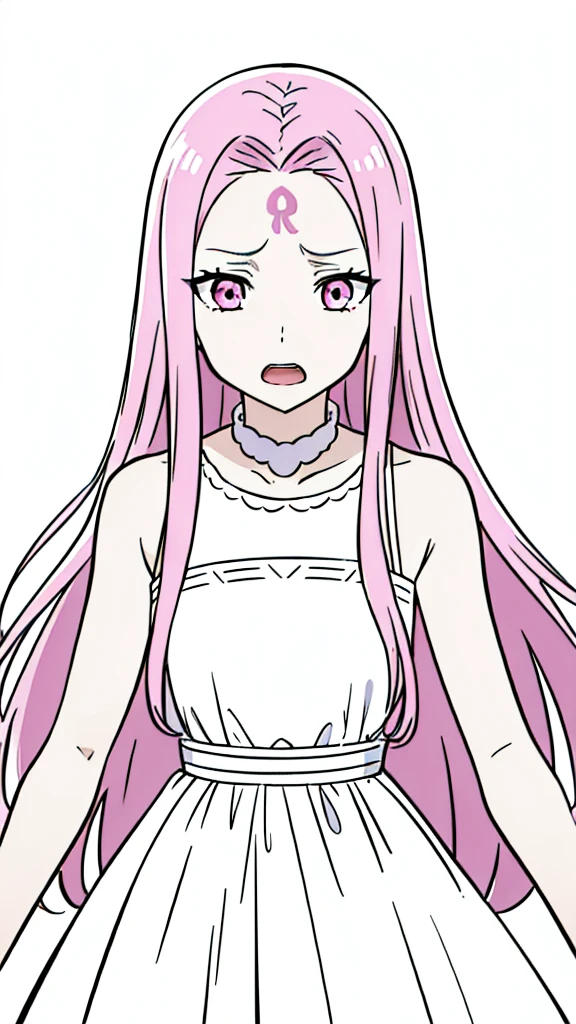(1girl,,solo),pink hair,extra long hair,(medusa hair),simple dress,sleeveless,(white background,line drawing),sad,kabedon pov,open mouth