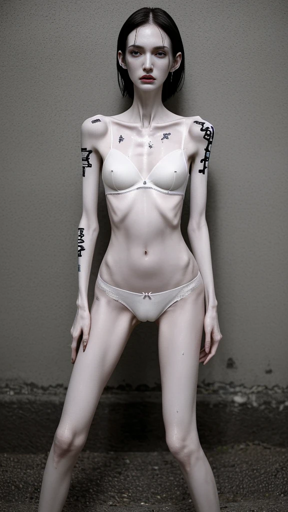 a woman, very thin body, body visible bones, very slender, sweaty wet body, pale white skin, panties, bra,tatto, full body, has a mental breakdown in an underground prison