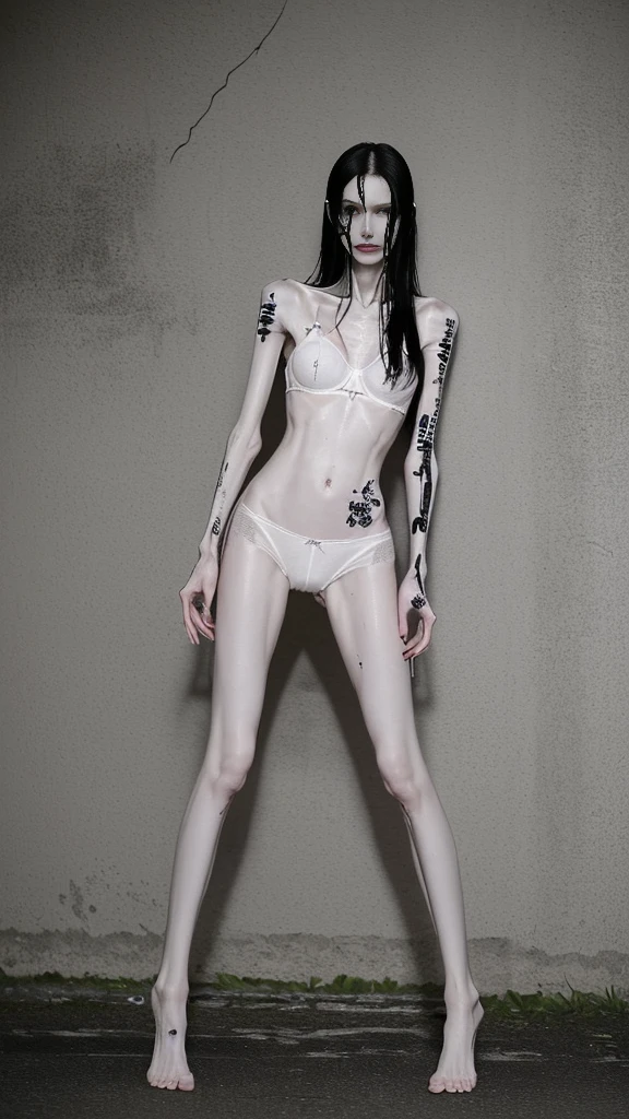 a woman, very thin body, body visible bones, very slender, sweaty wet body, pale white skin, panties, bra,tatto, full body, has a mental breakdown in an underground prison