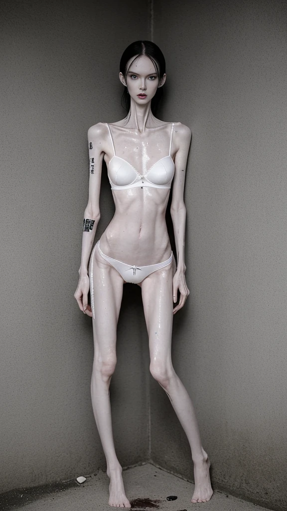 a woman, very thin body, body visible bones, very slender, sweaty wet body, pale white skin, panties, bra,tatto, full body, has a mental breakdown in an underground prison