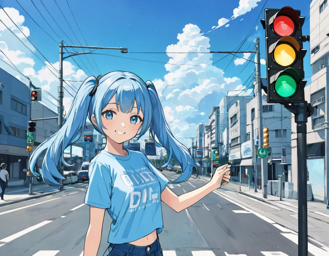 Traffic lights flashing blue against a blue sky、Traffic lights floating in the sky、Light blue long hair、Beautiful girl with twin tails、Bright smile、T-shirt and jeans、The traffic light is flashing blue、White clouds on a clear sky、Face Highlights、Lo-fi art style, Nostalgic and melancholic artwork, 