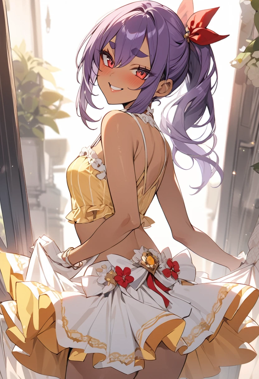 (anime style),masterpiece, best quality, extremely detailed,tanned skin, gal,dark skin Beautiful body,Cinderella bust,BREAK,multicolored dark Purple hair,little side ponytail,short hair with long locks,BREAK,red eyes,naughty smile,shy,,thick eyebrow,smug,open mouth,eyes widen,sensual face,smile face,detailed lips,False eyelashes,BREAK,cotton red big ribbon,BREAK, yellow camisole dress,midriff baring outfit,frilled clothing,bridal gown,lmicroskirt,break,head tilt,looking back