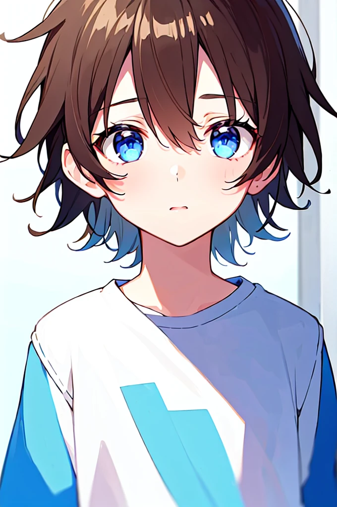[(WHITE BACKGROUND:1.5),::5], (((masterpiece))), high quality, very_high_resolution, large_filesize, full color, Solo, (1 ), 13 old year, (men's short brown hair), vivid color, Blue eye, summer clothes, upper body, anime style