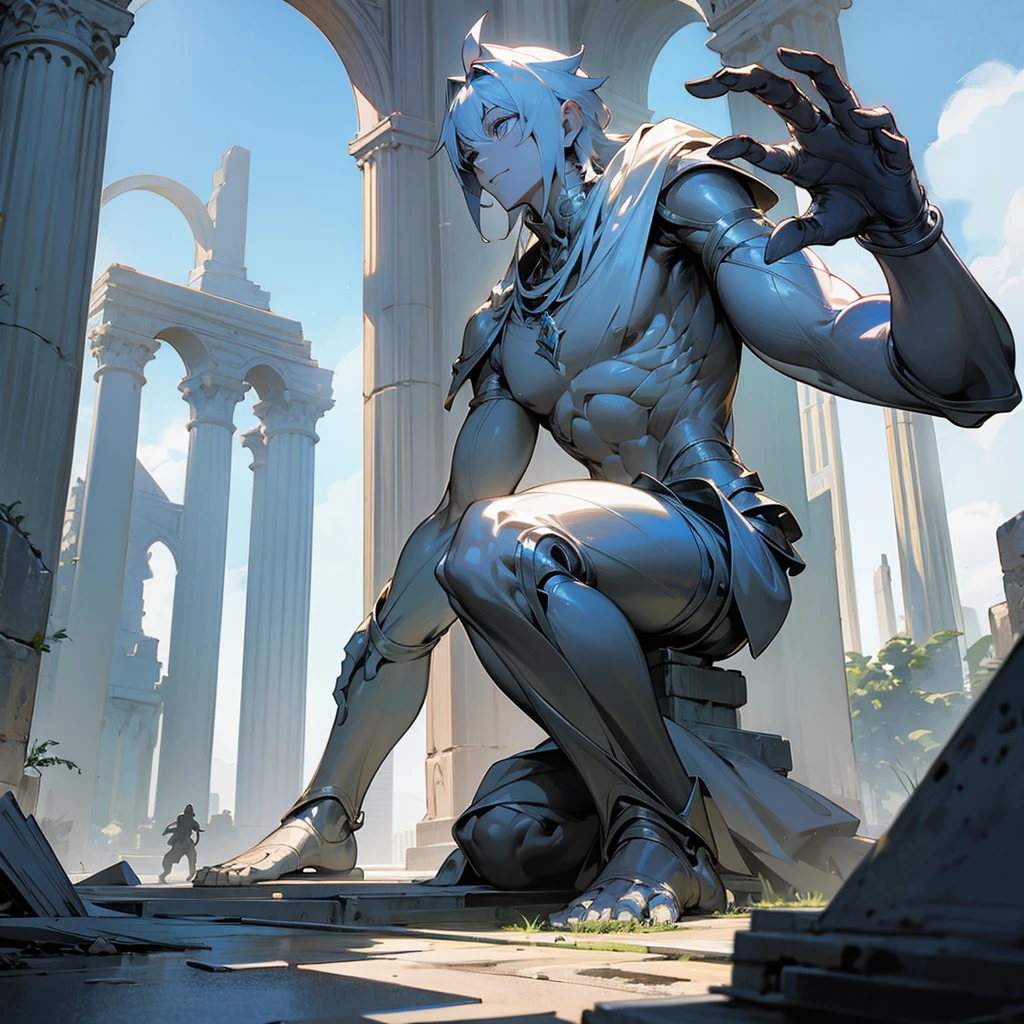 Magestic Statue made of Titanium, ruins, under the surface, four arms, male