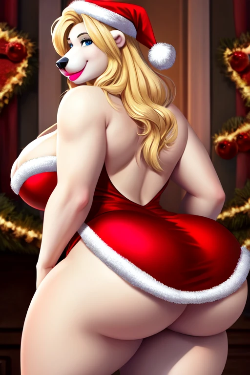 Blonde polar bear woman, wearing a backless Santa dress, perfect face, blue eyes, big breasts, cleavage, back view, big butt, solo, smile, perfect detailed body, pink lipstick,