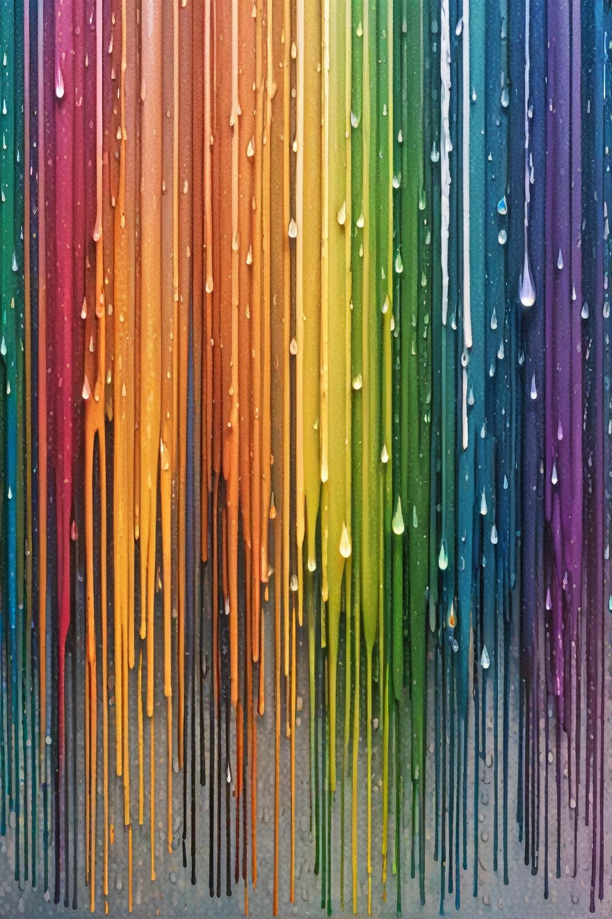 a close up of a rainbow colored rain curtain with water droplets, a pointillism painting inspired by gabriel dawe, pexels, crayon art, raining rainbow, rainbow drip paint, dripping colors