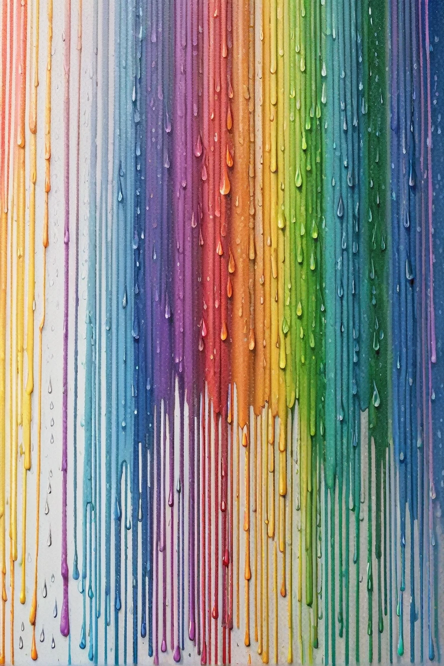 a close up of a rainbow colored rain curtain with water droplets, a pointillism painting inspired by gabriel dawe, pexels, crayon art, raining rainbow, rainbow drip paint, dripping colors
