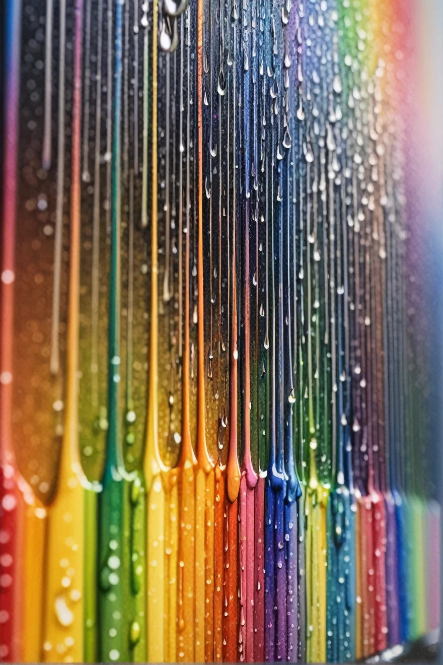 a close up of a rainbow colored rain curtain with water droplets, a pointillism painting inspired by gabriel dawe, pexels, crayon art, raining rainbow, rainbow drip paint, dripping colors