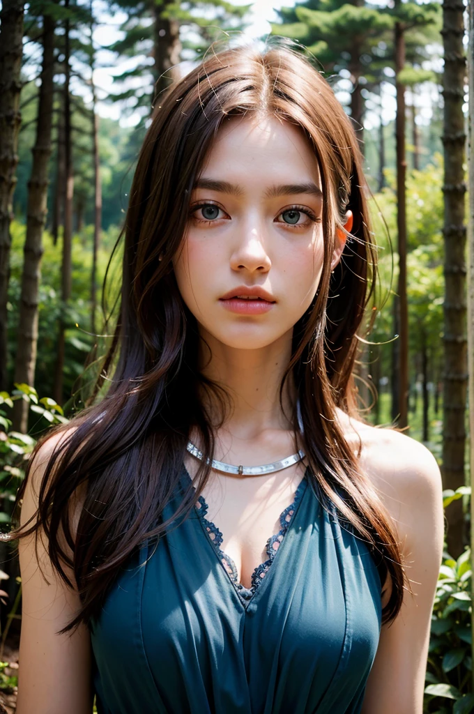 muted color, upper body, portrait of beautiful women, forest, looking over spruce forest, moody portrait, striking features, beauty, intricate details, dramatic composition, tension, wispy wide hair, blue eyes, contrast, texture, realism, high-quality rendering, stunning art, high quality, film grain, Fujifilm XT3, detailed skin, (freckled,acne:0.6)