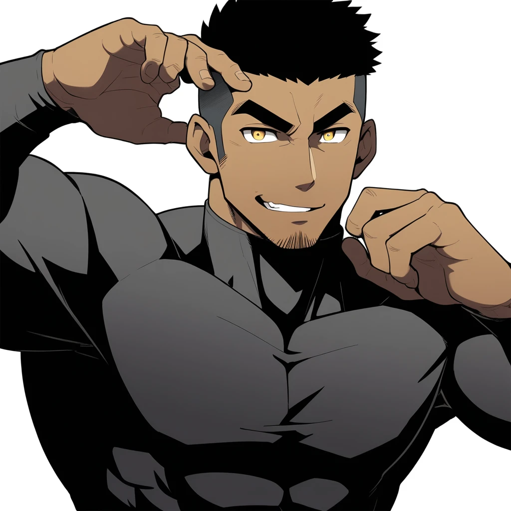 one negro, anime characters:Gyee, Hibino Kafka, One Muscle Sports Student, negro black skin, Very Black, muscular tough guy, Manliness, male focus, Grey long sleeve turtleneck tight t-shirt, Regular symmetrical pattern, Very tight, muscular male, muscular, only, Upper body, alone, Black short hair, Thick eyebrows, stubble, Yellow eyes, White background, simple background, amazing quality, best aesthetics, Ridiculous, bright pupils, crew cut, parted lips, seductive smile, torogao, naughty face, best quality