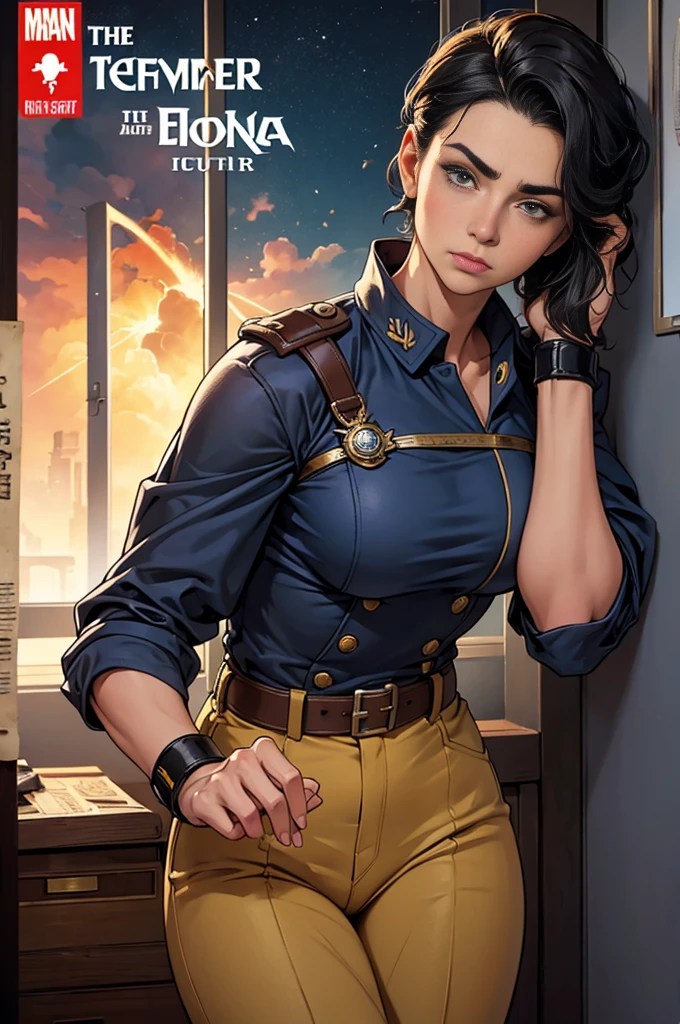 Arte Inspirada John Buscema, World War II poster, vemos uma enfermeira (1mulher)segurando uma pasta, uniforme hospitalar perfeito, short hair up to the shoulders, cor negro, olhos verdes claros, seios pequenos, corpo delgado, imponente em uma tenda hospitalar no Fronte, Cannon fire, A scene showing seriousness and conviction,peitos grandes,de baixo pra cima