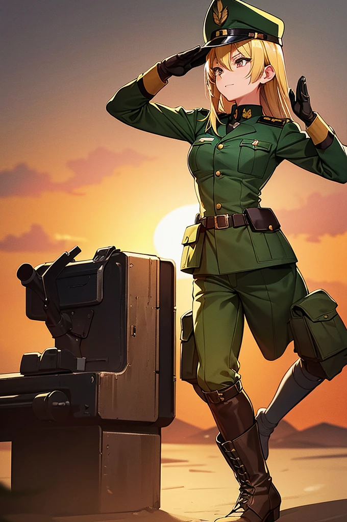 Content:
An anime woman in a military uniform. She has dark brown eyes, tanned skin, blonde hair that ends halfway down her back, and military boots. Her military uniform has themes of brown to reflect the desert background, and she carries binoculars. Her appearance is loosely inspired by Erwin Rommel. She wears a confident smile, looking very mature, with her hands on her hips.
Medium:
Digital art, anime illustration.
Style:
Pixiv contest winner, fine art, with elements inspired by historical military aesthetics and anime character design.
Lighting:
Dramatic, with strong contrasts to highlight her authoritative presence and the details of her uniform. Subtle shadows to add depth and realism.
Colours:
A palette dominated by military greens, browns, and blacks to reflect the desert environment.
Composition:
A full body shot. She salutes to the camera, showcasing her confidence and authority.