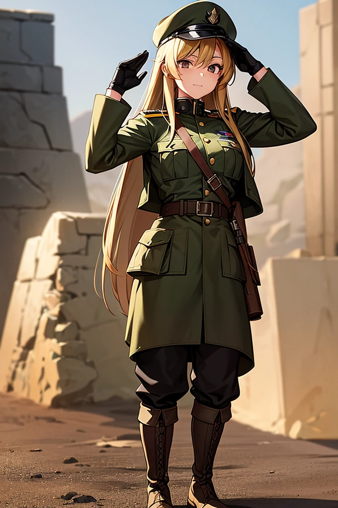 Content:
An anime woman in a military uniform. She has dark brown eyes, tanned skin, blonde hair that ends halfway down her back, and military boots. Her military uniform has themes of brown to reflect the desert background, and she carries binoculars. Her appearance is loosely inspired by Erwin Rommel. She wears a confident smile, looking very mature, with her hands on her hips.

Medium:
Digital art, anime illustration.

Style:
Pixiv contest winner, fine art, with elements inspired by historical military aesthetics and anime character design.

Lighting:
Dramatic, with strong contrasts to highlight her authoritative presence and the details of her uniform. Subtle shadows to add depth and realism.

Colours:
A palette dominated by military greens, browns, and blacks to reflect the desert environment.

Composition:
A full body shot. She salutes to the camera, showcasing her confidence and authority.