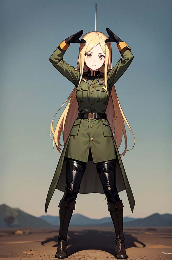 Content:
An anime woman in a military uniform. She has dark brown eyes, tanned skin, blonde hair that ends halfway down her back, and military boots. Her military uniform has themes of brown to reflect the desert background, and she carries binoculars. Her appearance is loosely inspired by Erwin Rommel. She wears a confident smile, looking very mature, with her hands on her hips.

Medium:
Digital art, anime illustration.

Style:
Pixiv contest winner, fine art, with elements inspired by historical military aesthetics and anime character design.

Lighting:
Dramatic, with strong contrasts to highlight her authoritative presence and the details of her uniform. Subtle shadows to add depth and realism.

Colours:
A palette dominated by military greens, browns, and blacks to reflect the desert environment.

Composition:
A full body shot. She salutes to the camera, showcasing her confidence and authority.