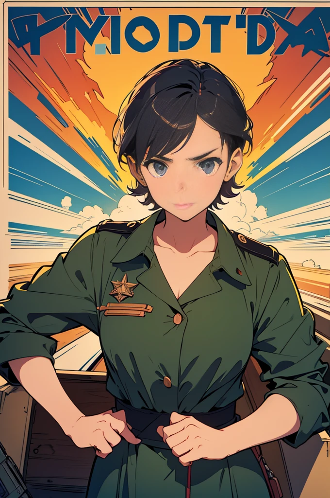 Arte Inspirada John Buscema, World War II poster, vemos uma enfermeira (1mulher)segurando uma pasta, uniforme hospitalar perfeito, short hair up to the shoulders, cor negro, olhos verdes claros, seios pequenos, corpo delgado, imponente em uma tenda hospitalar no Fronte, Cannon fire, A scene showing seriousness and conviction,peitos grandes,de baixo pra cima