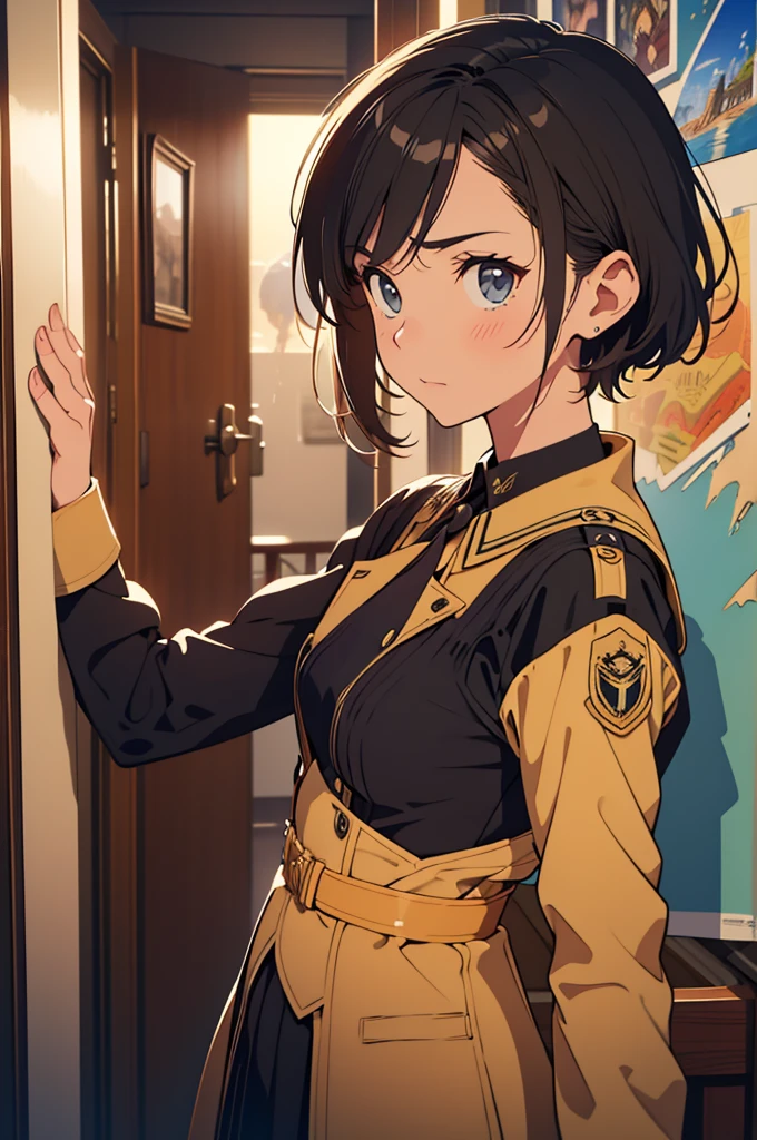 Arte Inspirada John Buscema, World War II poster, vemos uma enfermeira (1mulher)segurando uma pasta, uniforme hospitalar perfeito, short hair up to the shoulders, cor negro, olhos verdes claros, seios pequenos, corpo delgado, imponente em uma tenda hospitalar no Fronte, Cannon fire, A scene showing seriousness and conviction,peitos grandes,de baixo pra cima