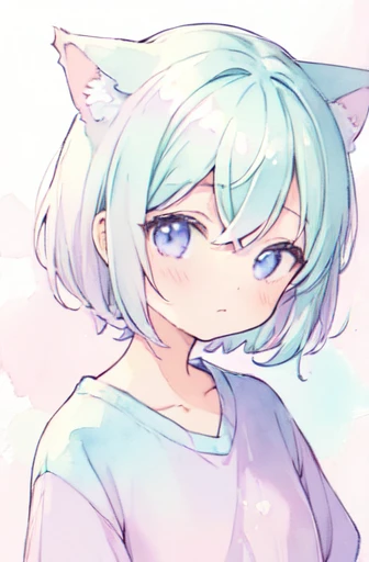 (pastel color:1.5), (watercolor:1.2), 1 girl, (cute), face, cat ears, short hair, white background, :3,