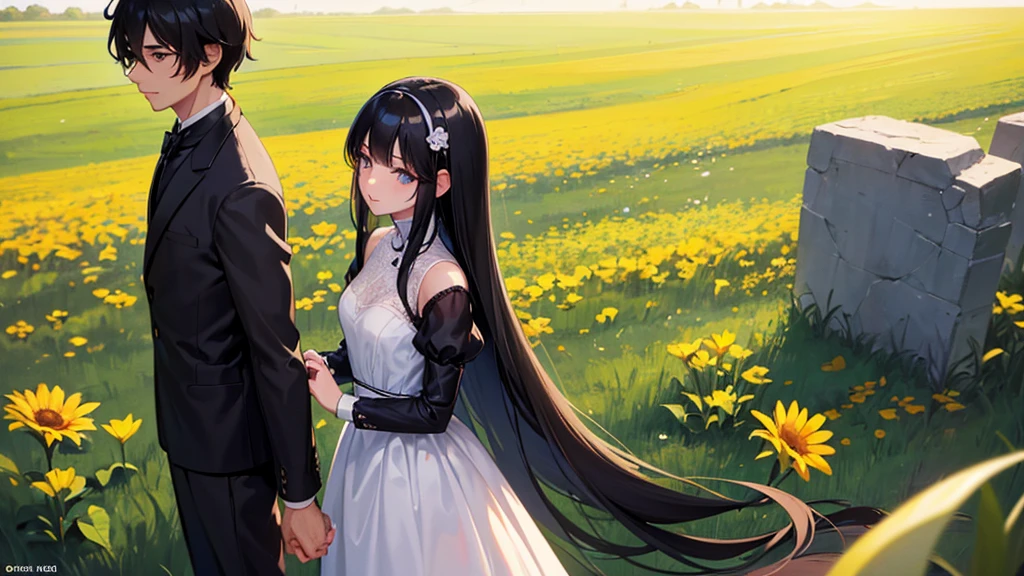 A boy and a girl, 1 woman (She has long black hair), Lovers,Eye contact,1 man (he has short black hair).wearing a formal dress, Anime style,Delicate facial features,Beautiful eyes,Expression smile,Delicate facial features,Pretty Face,daytime, Standing in a field of flowers,Backlight