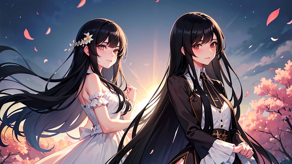 A boy and a girl, 1 woman (She has long black hair), Lovers,Eye contact,1 man (he has short black hair).wearing a formal dress, Anime style,Delicate facial features,Beautiful eyes,Expression smile,Delicate facial features,Pretty Face,daytime, Standing in a field of flowers,Backlight