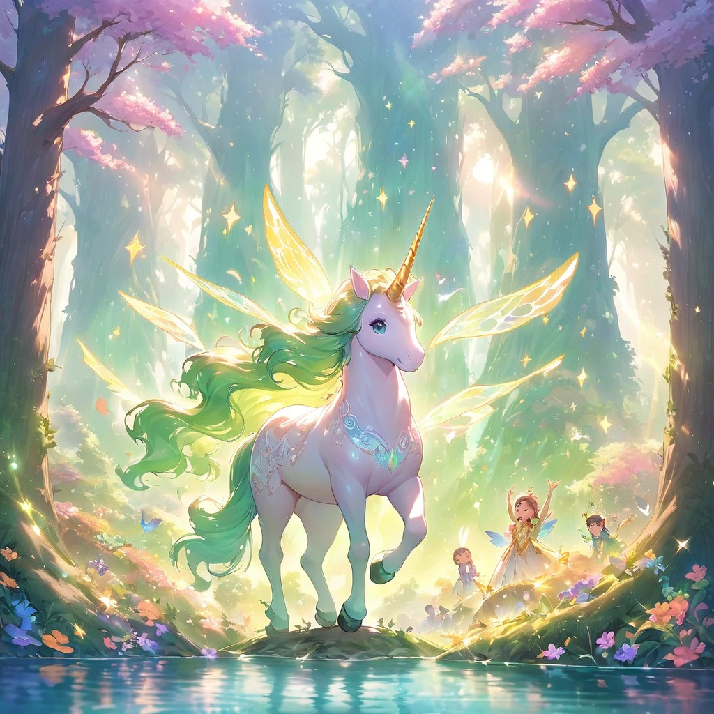 A mythical and magical scene that kids would love, with vibrant colors and a sense of wonder. The main focus is on a majestic unicorn. The unicorn has a radiant, shimmering coat and a graceful, flowing mane. Its horn is glowing with a soft, ethereal light. The forest is filled with towering trees, covered in vibrant foliage in different shades of green. Sunlight filters through the branches, casting enchanting patterns on the forest floor. Sparkling fairy dust dances in the air, creating a dreamy atmosphere. In the distance, there is a sparkling waterfall, cascading down into a crystal-clear lake. The water shimmers and ripples in the sunlight, reflecting the beauty of the surrounding landscape. Colorful flowers of various shapes and sizes dot the ground, adding a touch of whimsy to the scene. Children are drawn to this magical place, their eyes filled with awe and excitement. Their laughter fills the air as they play and explore the enchanting forest. They are dressed in bright, playful clothes, complementing the joyful atmosphere. Some of them are riding the unicorn, their faces beaming with joy and wonder. Others are chasing butterflies or picking petals off the flowers. The whole scene is bathed in a warm, golden light, giving it a magical and welcoming ambiance. This beautiful artwork is created with expert craftsmanship and attention to detail, capturing the imagination of both young and old. The high-quality resolution brings out the intricate details, making it a masterpiece for anyone to behold.