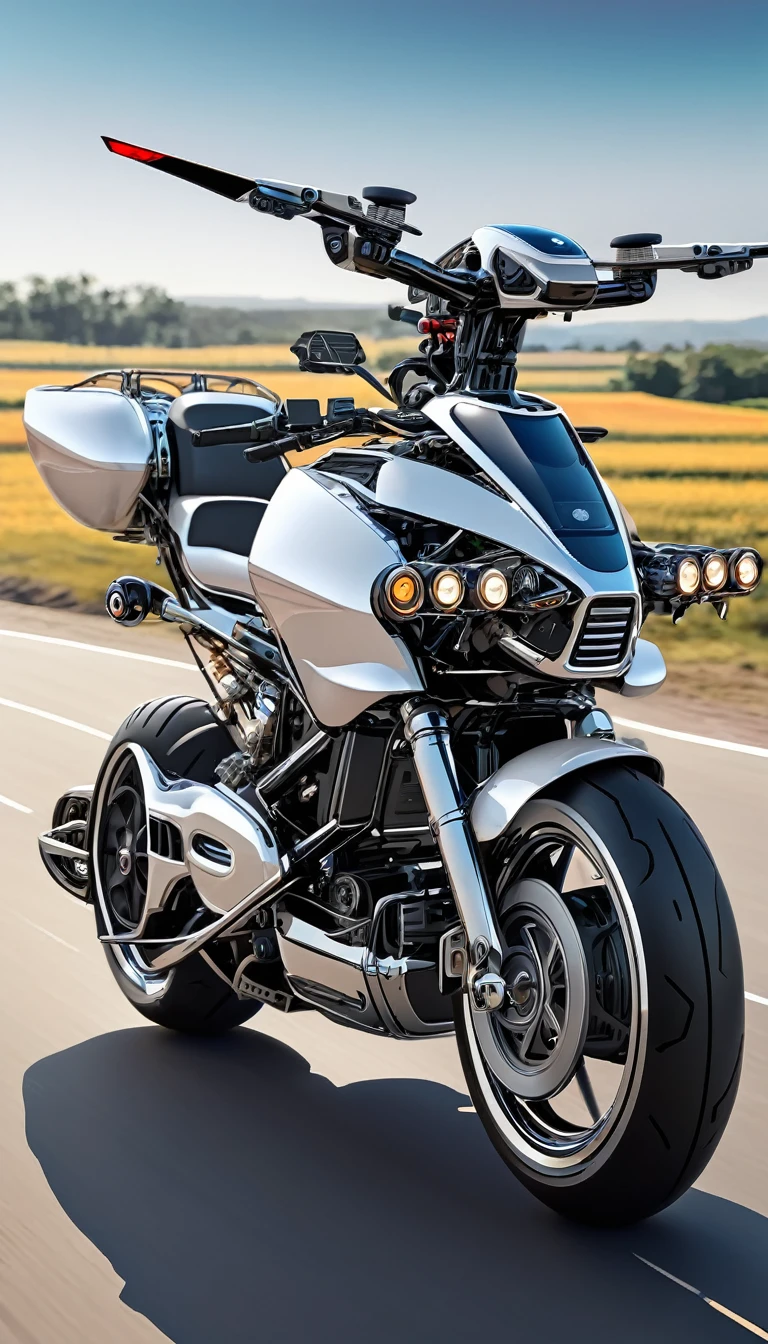 an illustration rich in details of a drone adapted as a motorcycle for transporting people