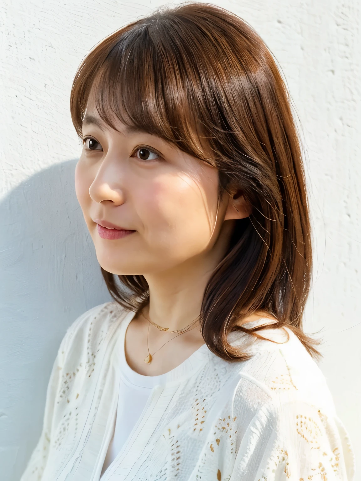 A slightly overweight Japanese woman in her 40s, Good wife, Cute face, Detailed face, fine grain, Medium Hair、Shoulder-length hair、Neat, Short sleeve white shirt, early summer, Fine weather, sunny, Photographed in front of a white wall, Portraiture、Photographed in natural light、Tabletop、cardigan、profile、Fluffy hair