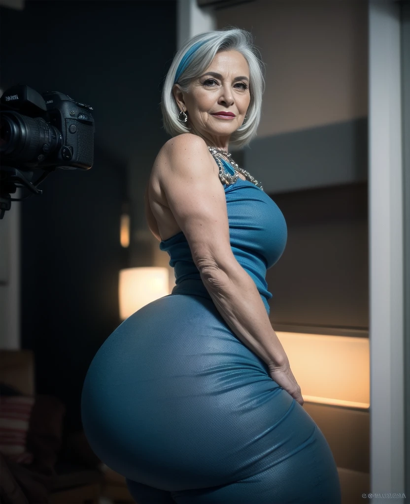 Beautiful 65 year old grandmother, mulher idosa de cabelos brancos, with her back to the camera showing a huge ass, slate blue pants and blouse, cintura muito fina, quadril largo, beautiful grandmother, linda velha, night and urban scenery with bokeh and flares on camera
