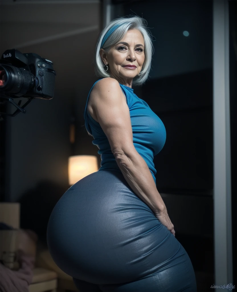 Beautiful 65 year old grandmother, mulher idosa de cabelos brancos, with her back to the camera showing a huge ass, slate blue pants and blouse, cintura muito fina, quadril largo, beautiful grandmother, linda velha, night and urban scenery with bokeh and flares on camera