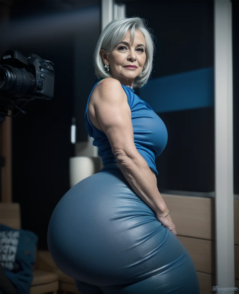 Beautiful 65 year old grandmother, mulher idosa de cabelos brancos, with her back to the camera showing a huge ass, slate blue pants and blouse, cintura muito fina, quadril largo, beautiful grandmother, linda velha, night and urban scenery with bokeh and flares on camera