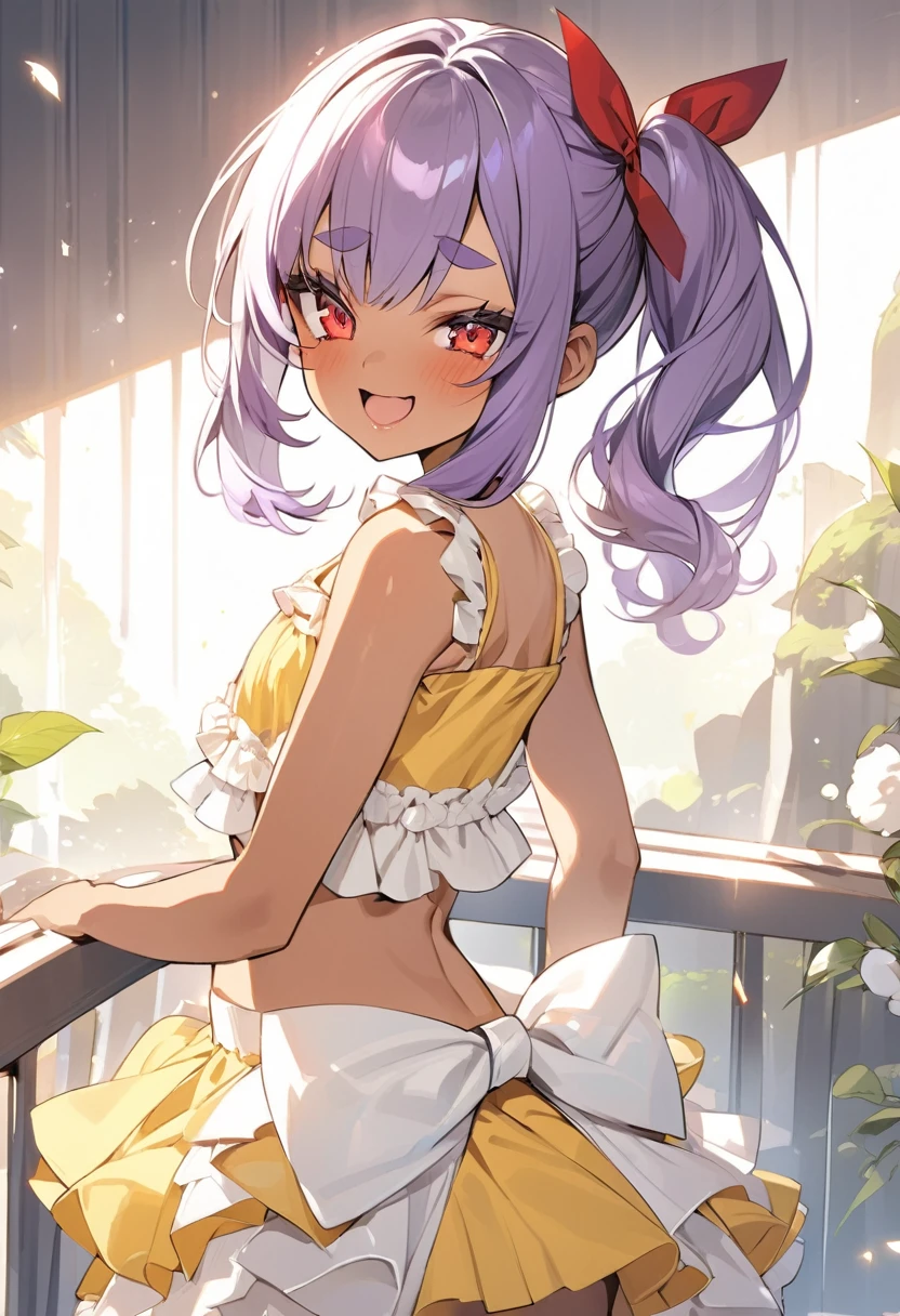 (anime style),masterpiece, best quality, extremely detailed,tanned skin, lolik skin Beautiful body,Cinderella bust,BREAK,multicolored dark Purple hair,little side ponytail,short hair with long locks,BREAK,red eyes,naughty smile,shy,,thick eyebrow,smug,open mouth,eyes widen,sensual face,smile face,detailed lips,False eyelashes,BREAK,cotton red big ribbon,BREAK, yellow camisole dress,midriff baring outfit,frilled clothing,bridal gown,lmicroskirt,break,head tilt,looking back