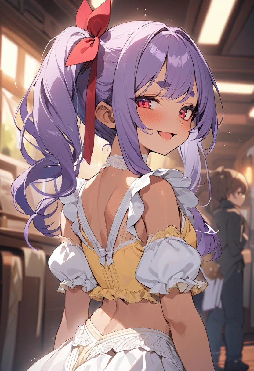 (anime style),masterpiece, best quality, extremely detailed,tanned skin, lolik skin Beautiful body,Cinderella bust,BREAK,multicolored dark Purple hair,little side ponytail,short hair with long locks,BREAK,red eyes,naughty smile,shy,,thick eyebrow,smug,open mouth,eyes widen,sensual face,smile face,detailed lips,False eyelashes,BREAK,cotton red big ribbon,BREAK, yellow camisole dress,midriff baring outfit,frilled clothing,bridal gown,lmicroskirt,break,head tilt,looking back